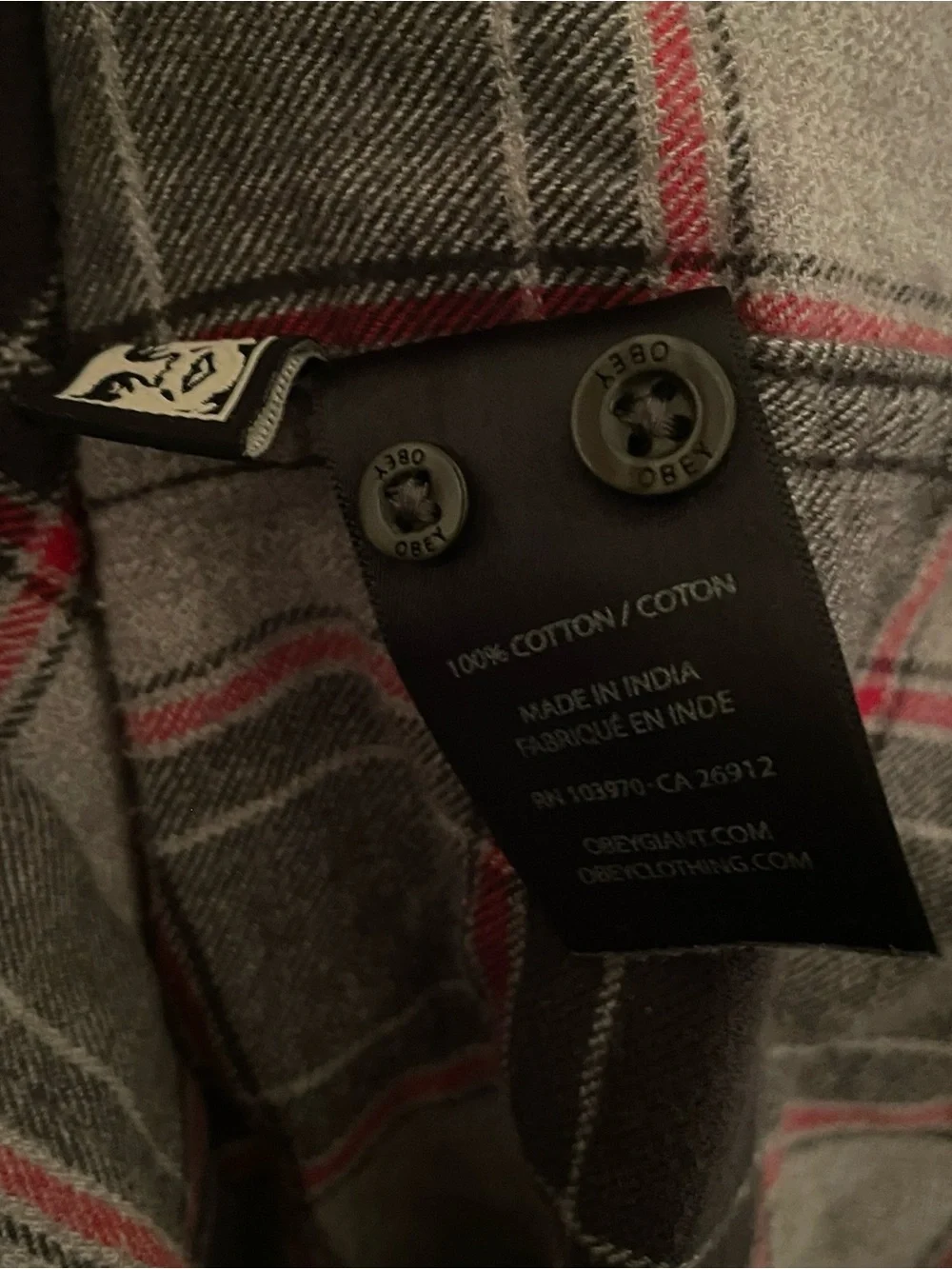 Obey Worldwide Men's Gray Red Double Pocket Plaid Button Up Shirt Top Size XL